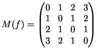 $\displaystyle M(f)= \left(
\begin{matrix}
0&1&2&3\\
1&0&1&2\\
2&1&0&1\\
3&2&1&0
\end{matrix}\right)
$